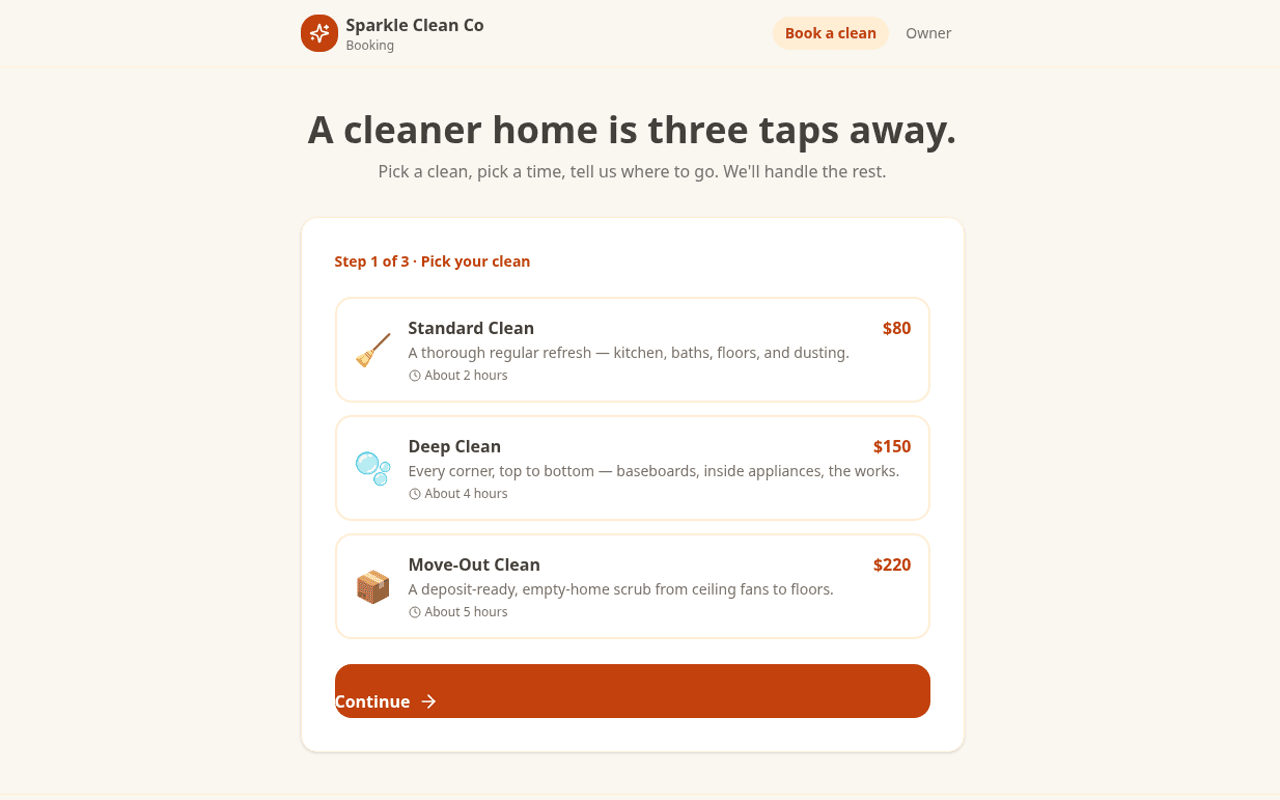 Sparkle Clean Co service menu — three cleaning services with prices shown up front