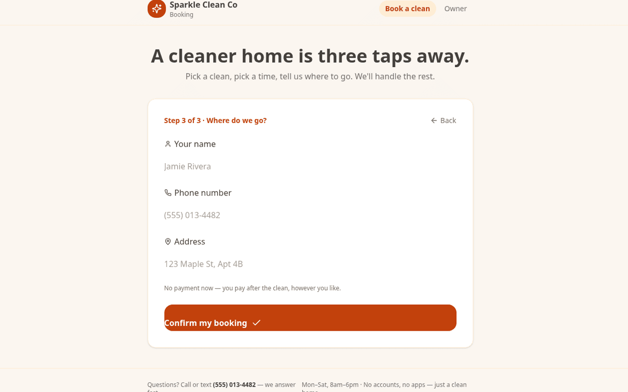 Simple booking form — name, phone, address, and notes