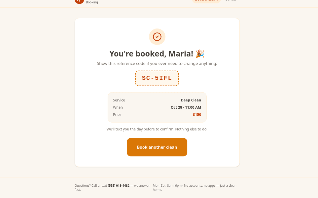 Instant booking confirmation with a reference code and the business phone number