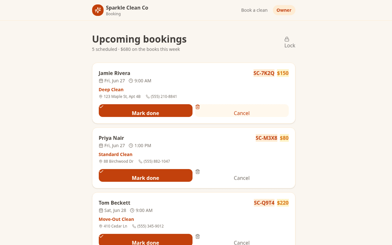 PIN-protected owner dashboard showing today's cleaning jobs with tap-to-call